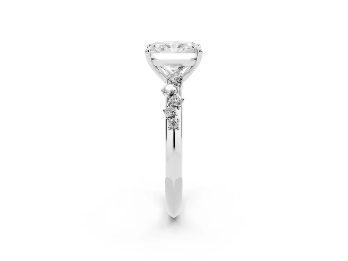 Radiant Cut Diamond Cluster Side Stone Solitaire Ring with Prong Setting Silver