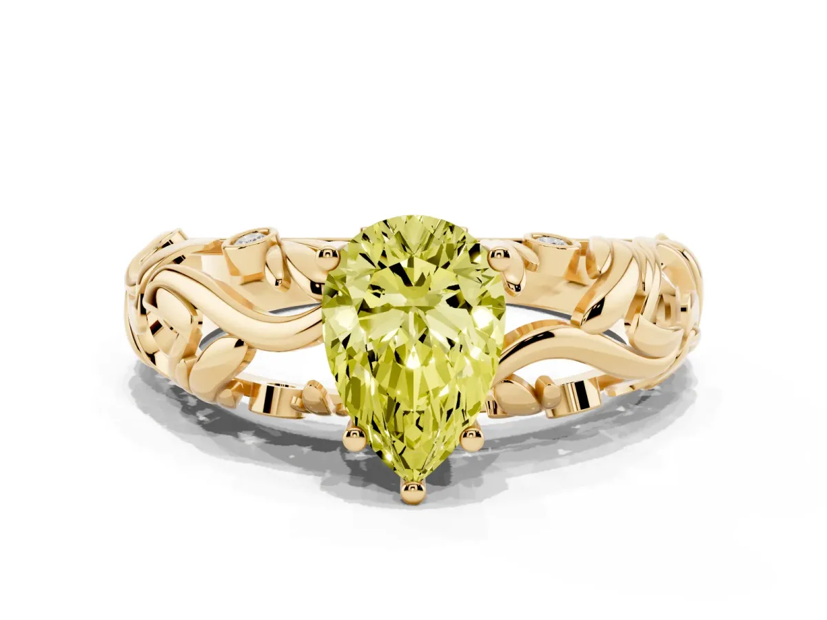 Fancy Yellow Pear Cut Solitaire Diamond Leaf-Inspired Vine Band Ring with Prong Setting Yellow gold