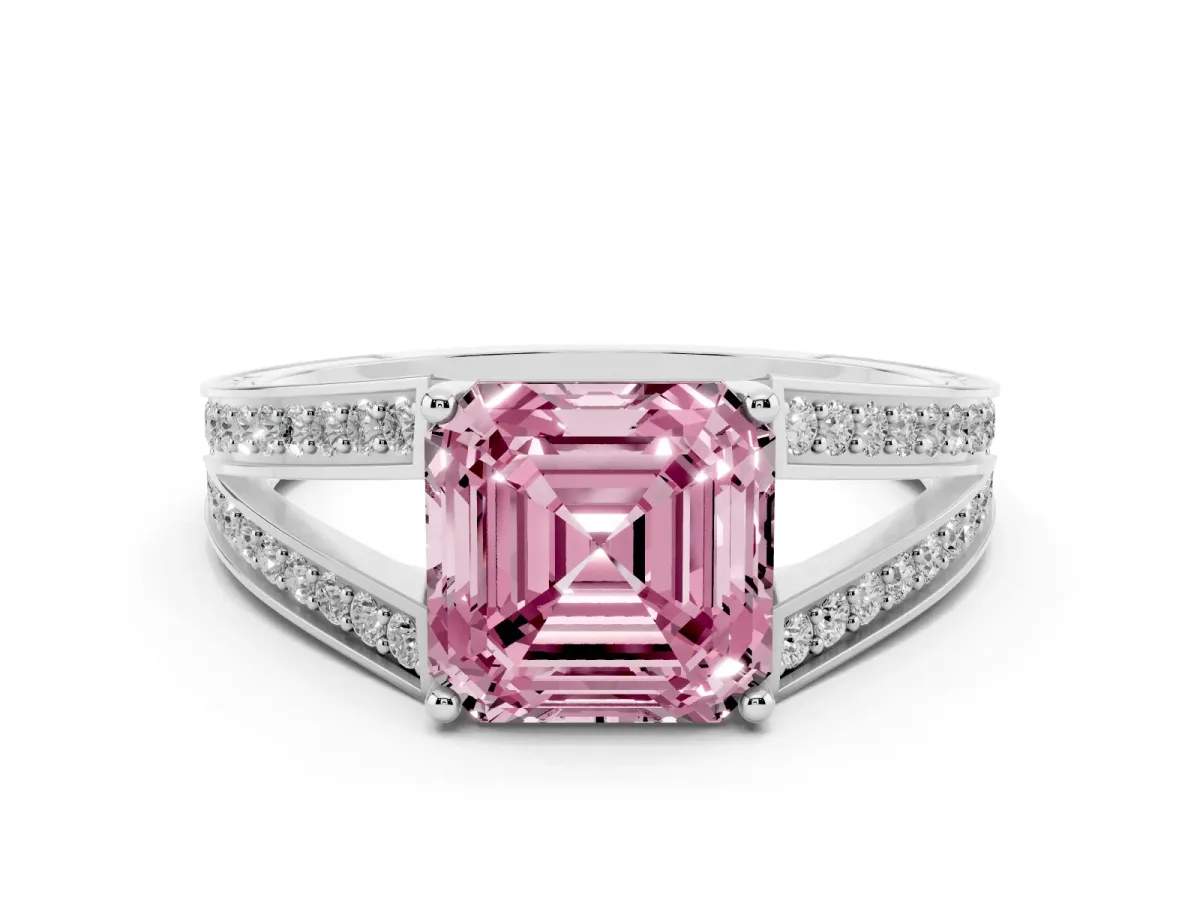 Fancy Pink Asscher Cut Diamond Split Shank Ring with Pavé Band and Four-Prong Setting White gold