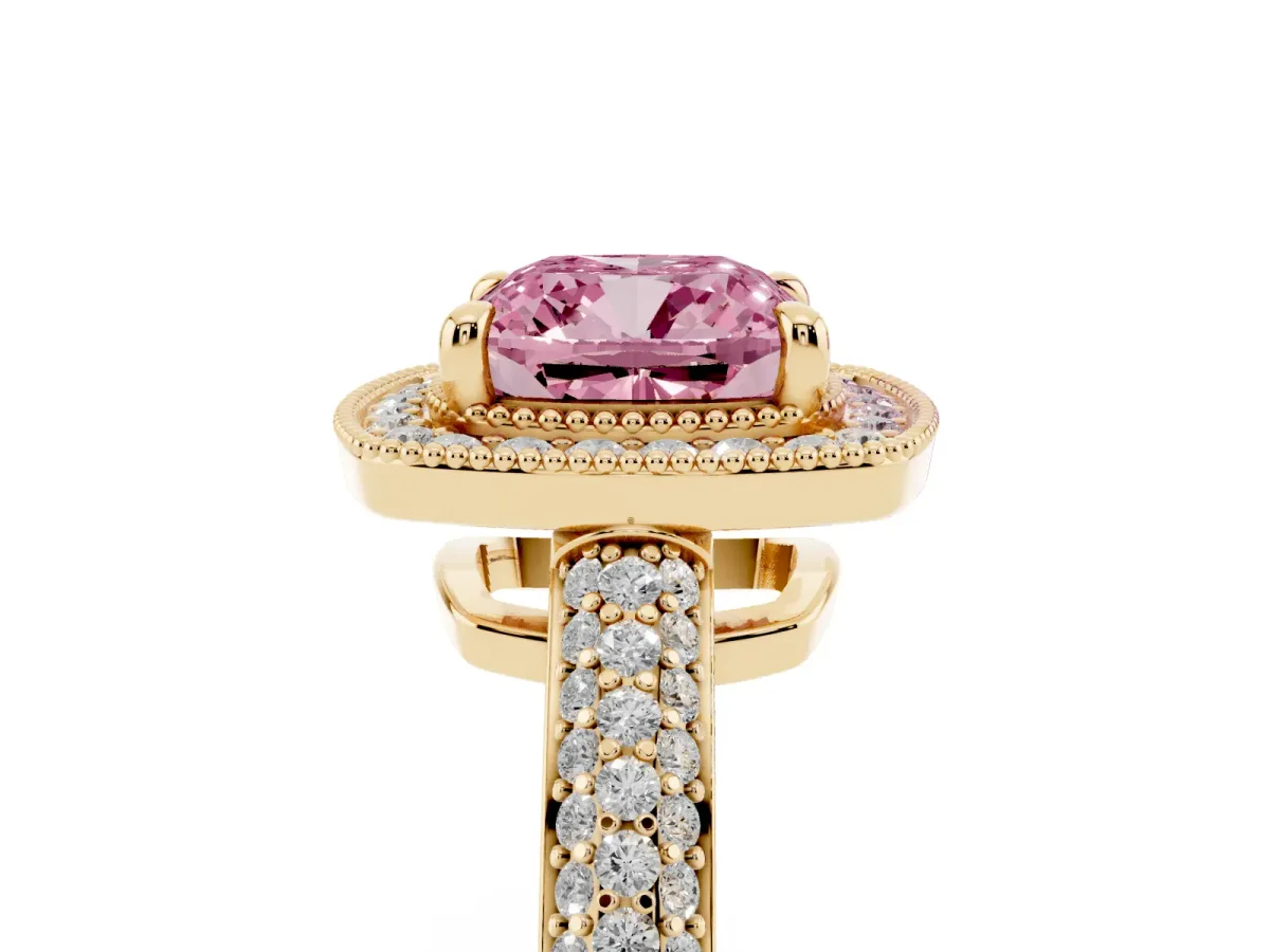 Fancy Pink Cushion Cut Cut Halo Diamond Pave Band with Four-Prong Setting Yellow gold