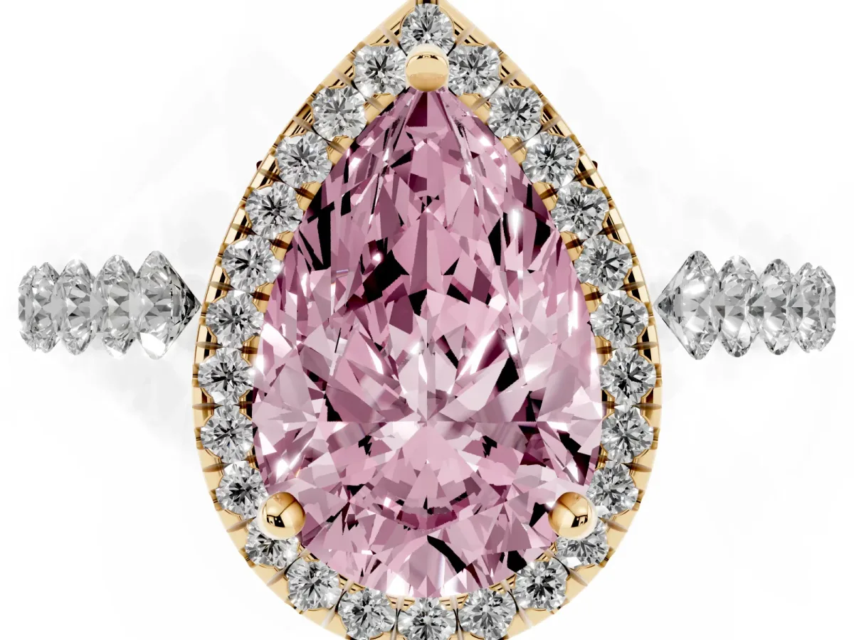 Fancy Pink Pear Cut Halo Pavé Diamond Engagement Ring with Four-Prong Setting Yellow gold