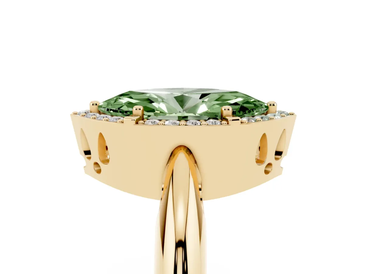 Fancy Green Marquise Cut Cut Diamond Halo Engagement Ring with Split Shank and Four-Prong Setting Yellow gold