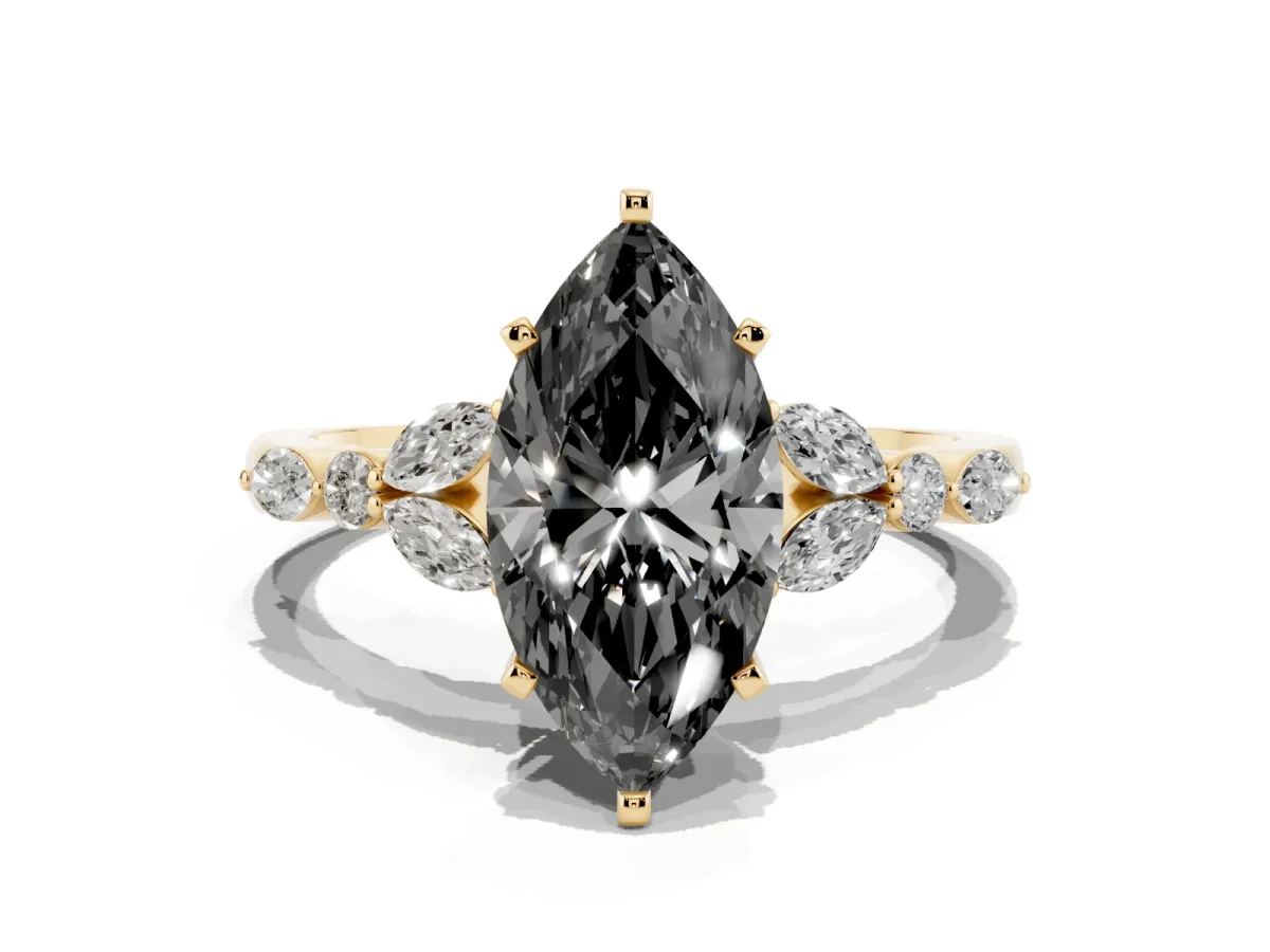 Fancy Black Marquise Cut Diamond Solitaire Ring with Side Stones and Four-Prong Setting Yellow gold