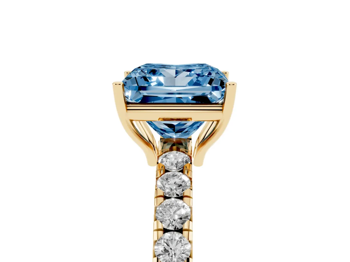 Fancy Blue Princess Cut Diamond Pavé Solitaire Engagement Ring with Four-Prong Setting Yellow gold
