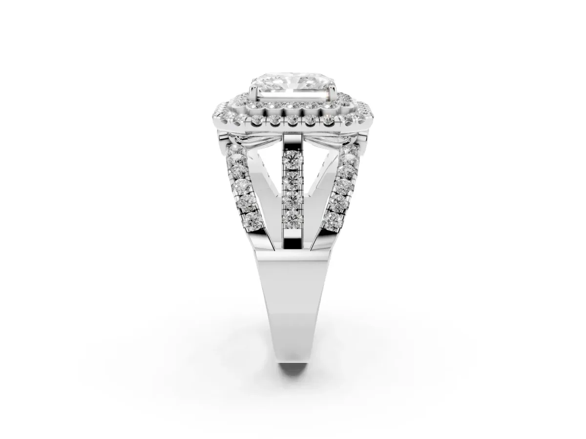 Radiant Cut Diamond Double Halo Ring with Round Pavé Split Shank and Prong Setting Silver