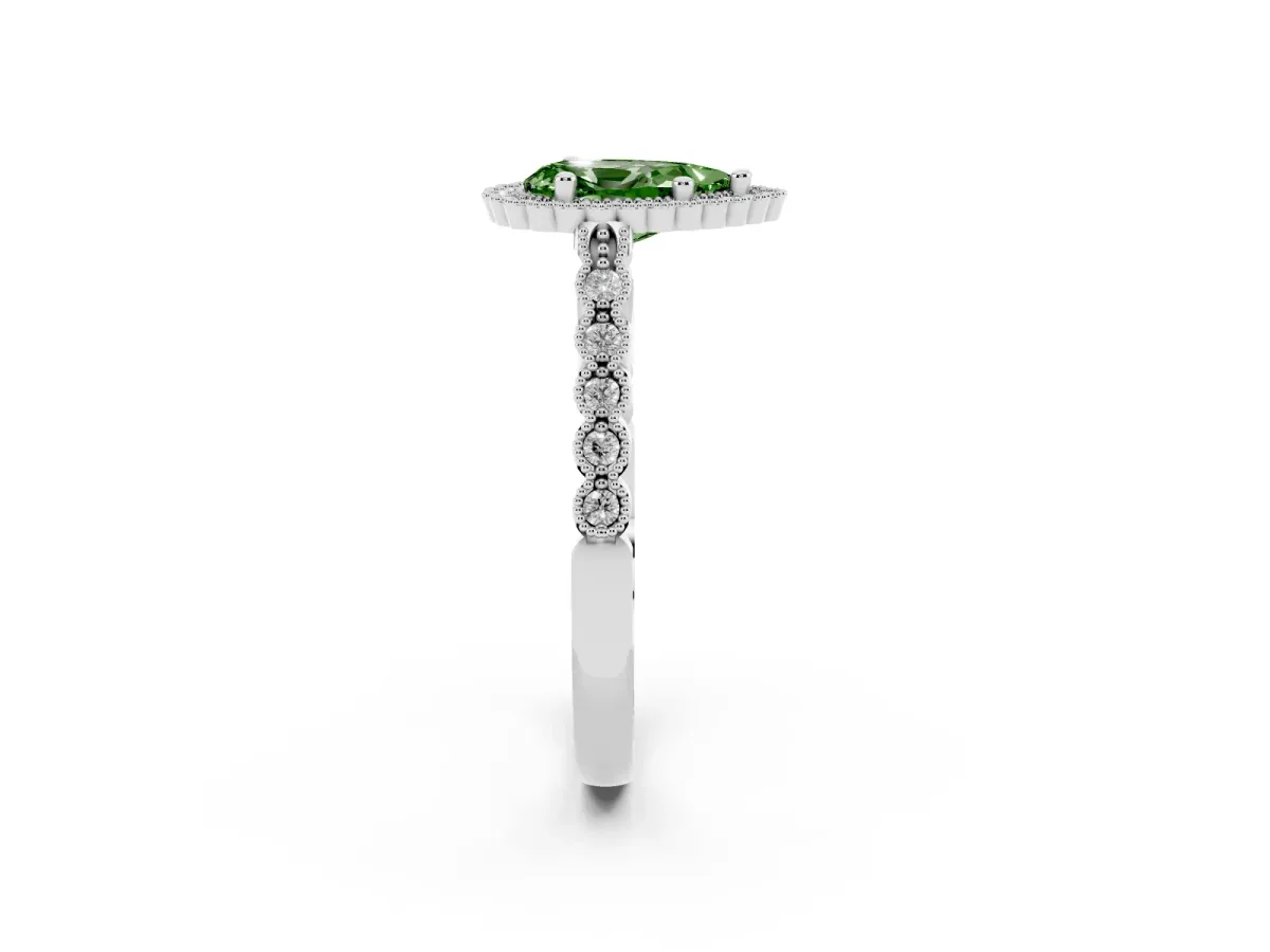 Fancy Green Pear Cut Cut Halo Pavé Solitaire Ring with Milgrain Band Silver