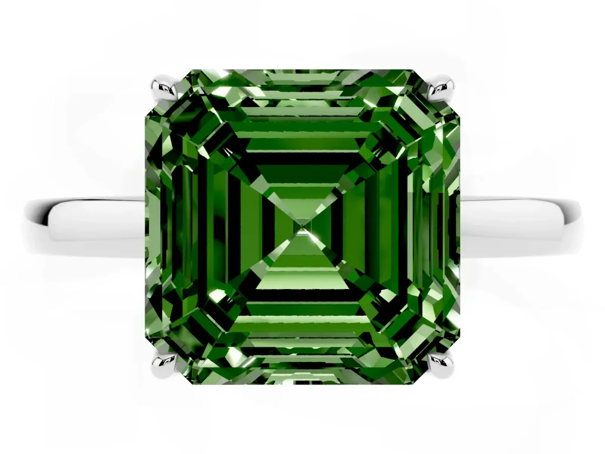 Fancy Green Asscher Cut Diamond Solitaire Ring with Thin Band and Prong Setting White gold