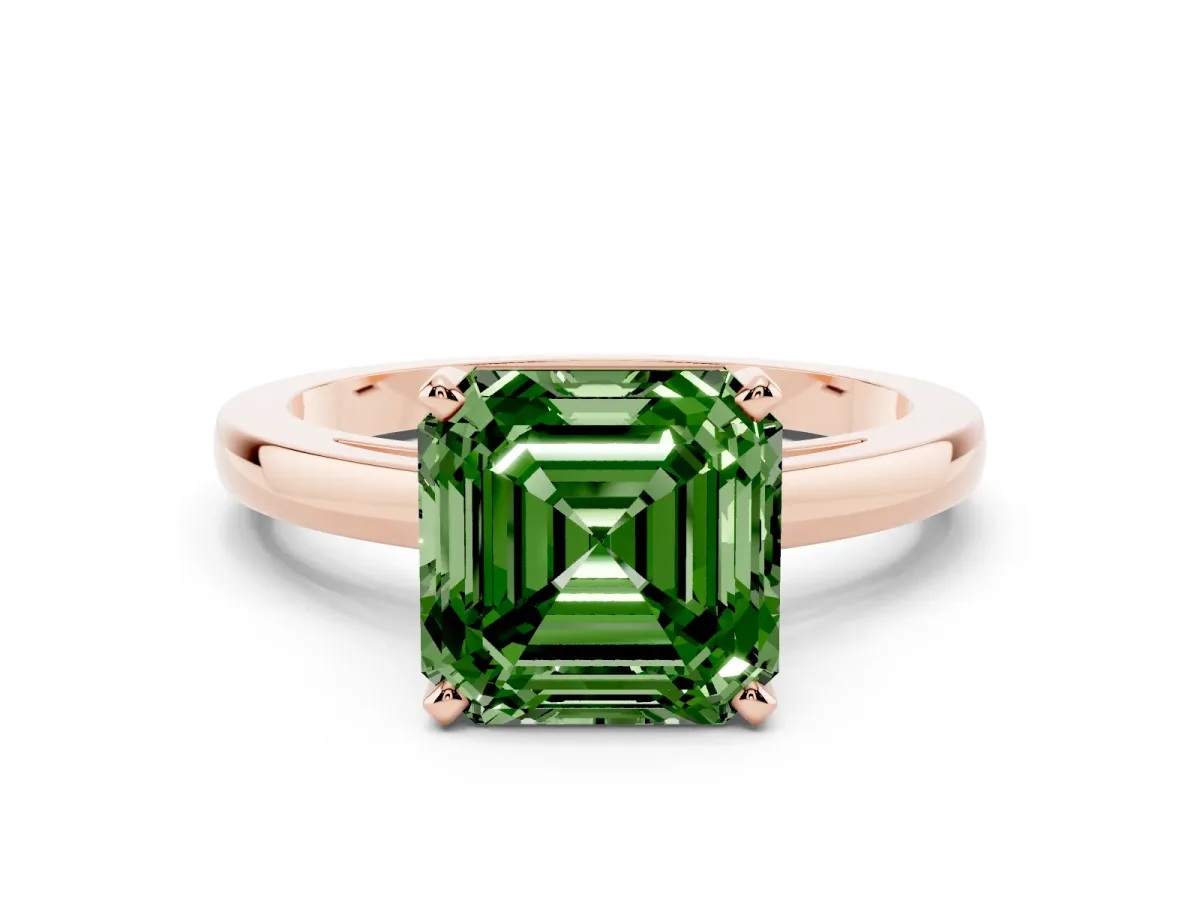 Fancy Green Asscher Cut Solitaire Diamond Engagement Ring with Four-Prong Setting on a Classic Band Rose gold