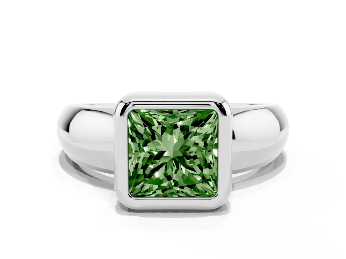 Fancy Green Bezel Set Princess Cut Solitaire Ring with Wide Band Platinum