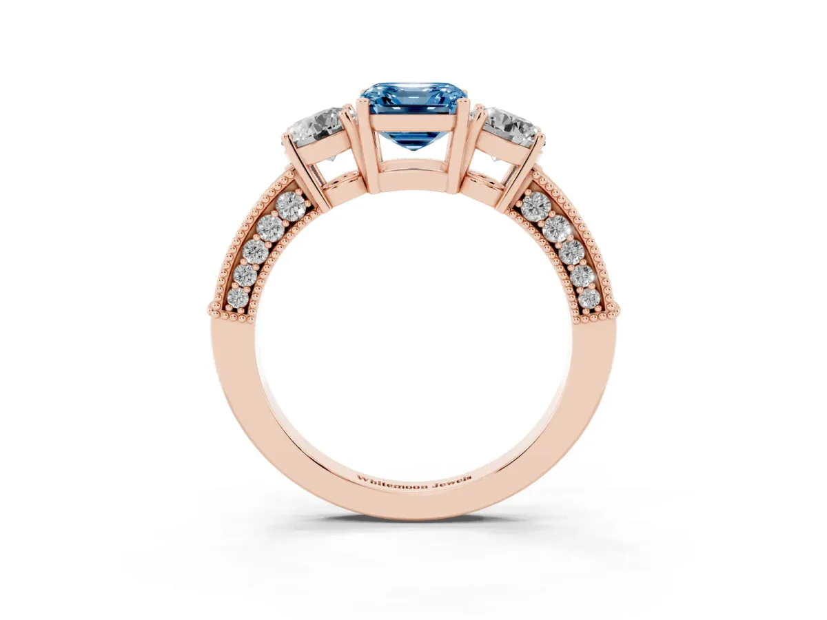 Fancy Blue Asscher Cut Three-Stone Diamond Ring with Pavé Band and Four-Prong Setting Rose gold