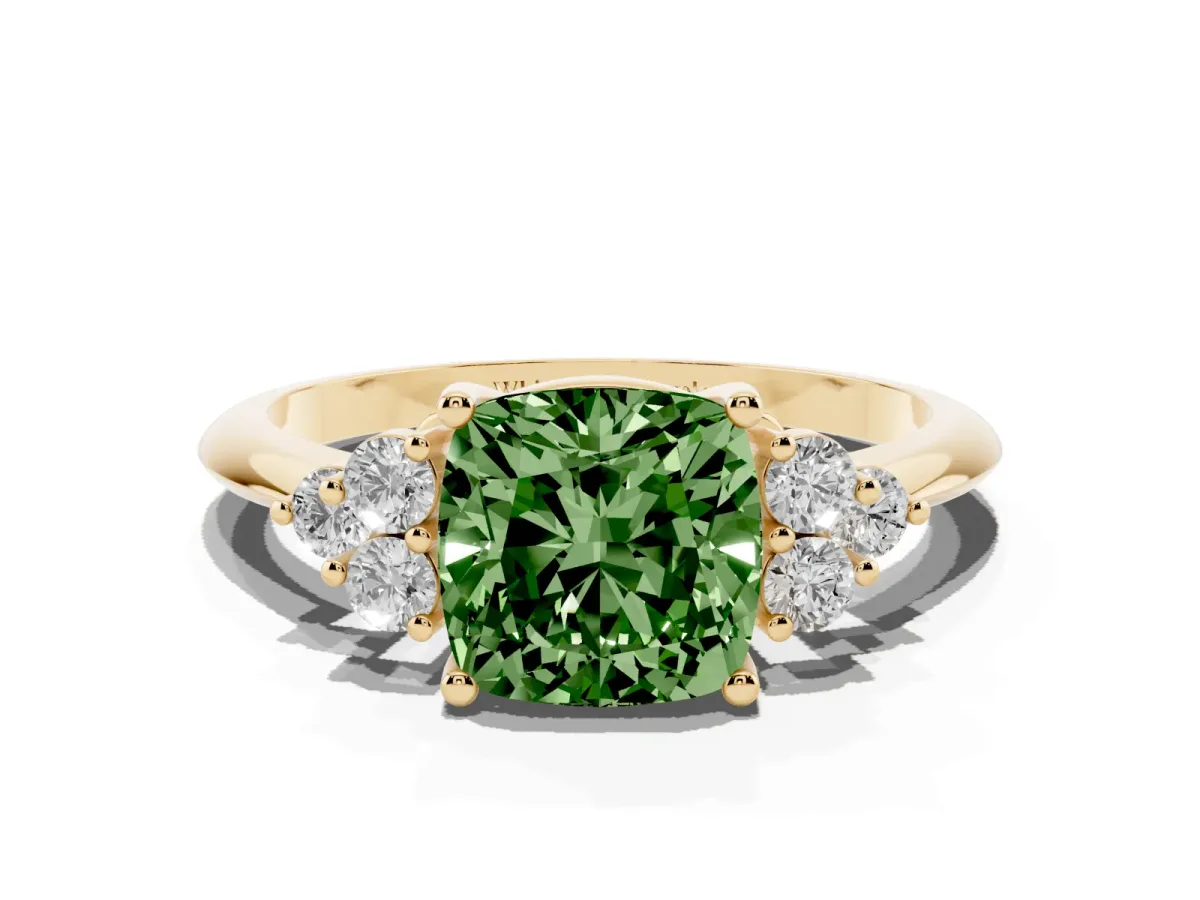 Fancy Green Cushion Cut Cut Diamond Cluster Ring with Solitaire Band and Four-Prong Setting Yellow gold