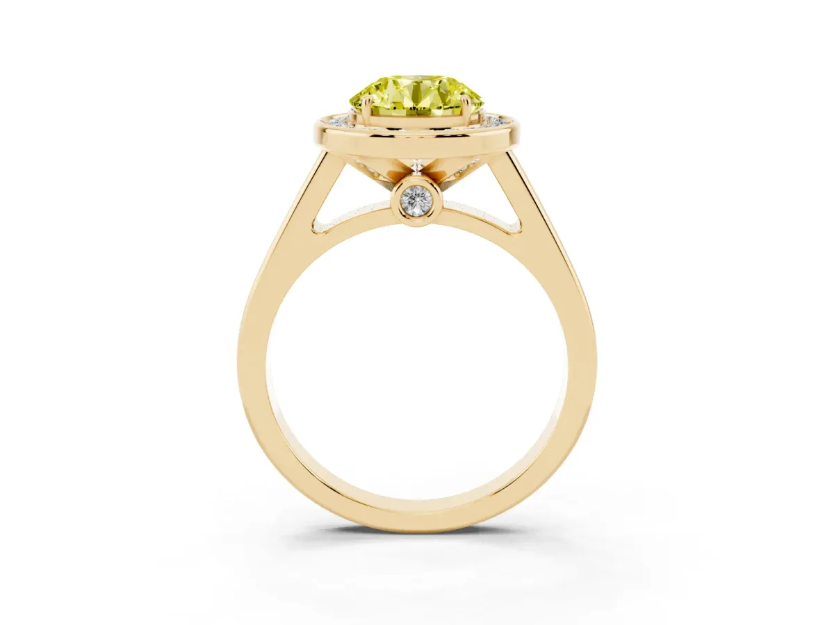Fancy Yellow Round Cut Halo Solitaire Diamond Ring with Pave Band and Bezel Setting Yellow gold