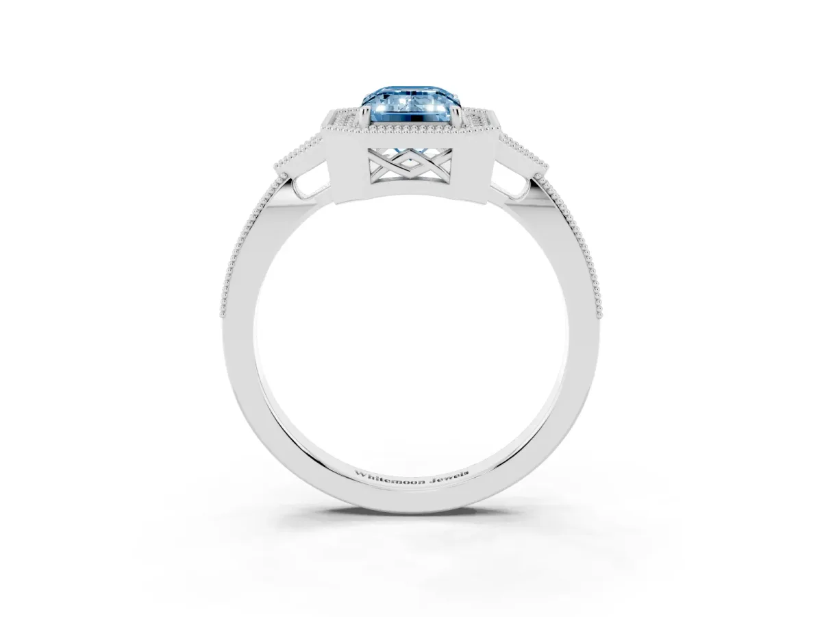 Fancy Blue Emerald Cut Halo Round Diamond Milgrain Pave Engagement Ring Silver