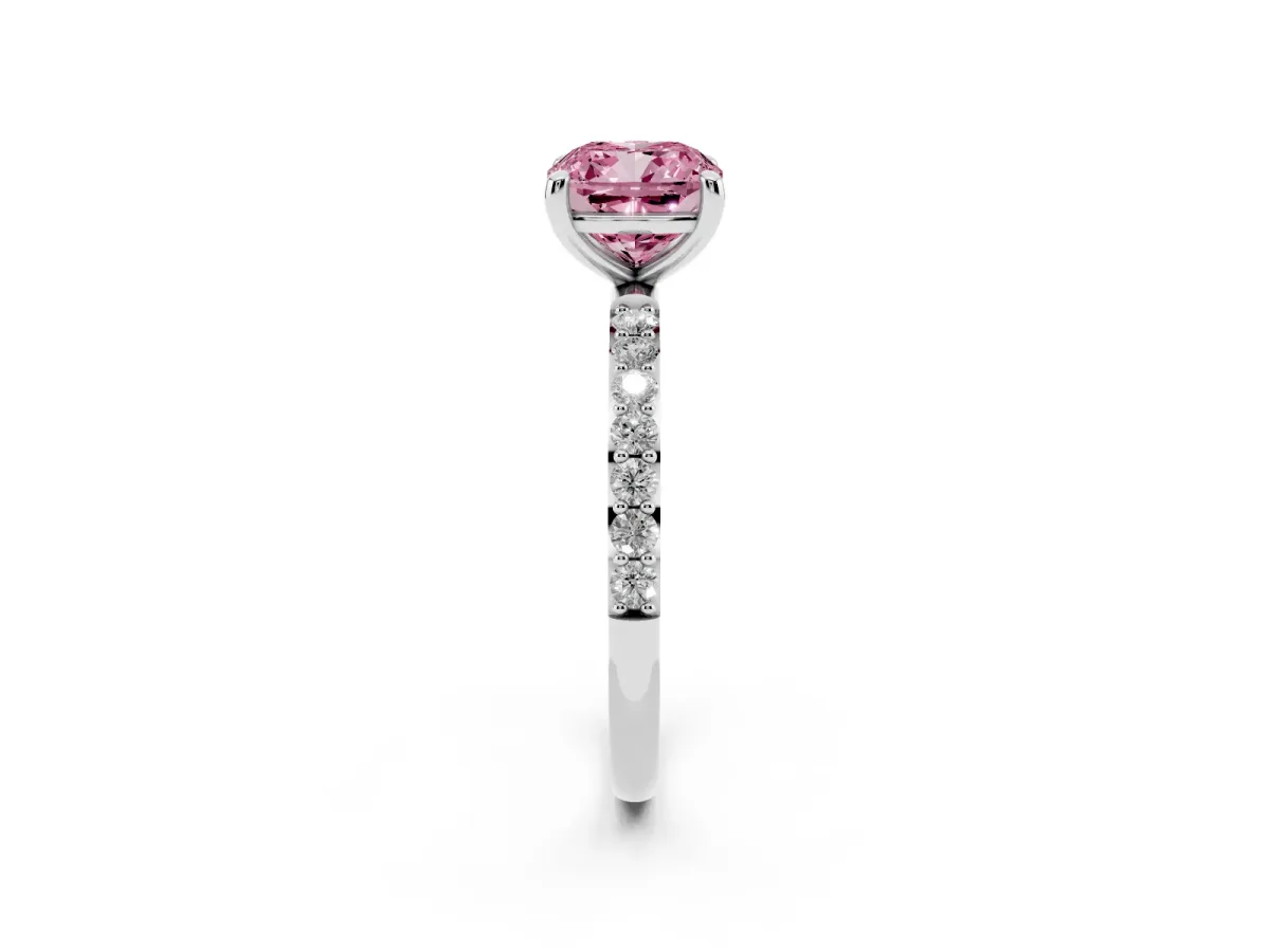 Fancy Pink Cushion Cut Diamond Solitaire Ring with Round Pavé Band and Prong Setting Silver