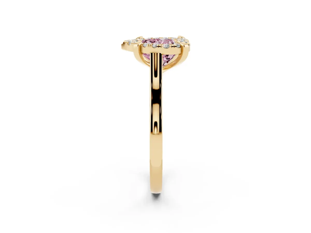 Fancy Pink Heart Cut Diamond Cluster Halo Solitaire with Four-Prong Setting Yellow gold