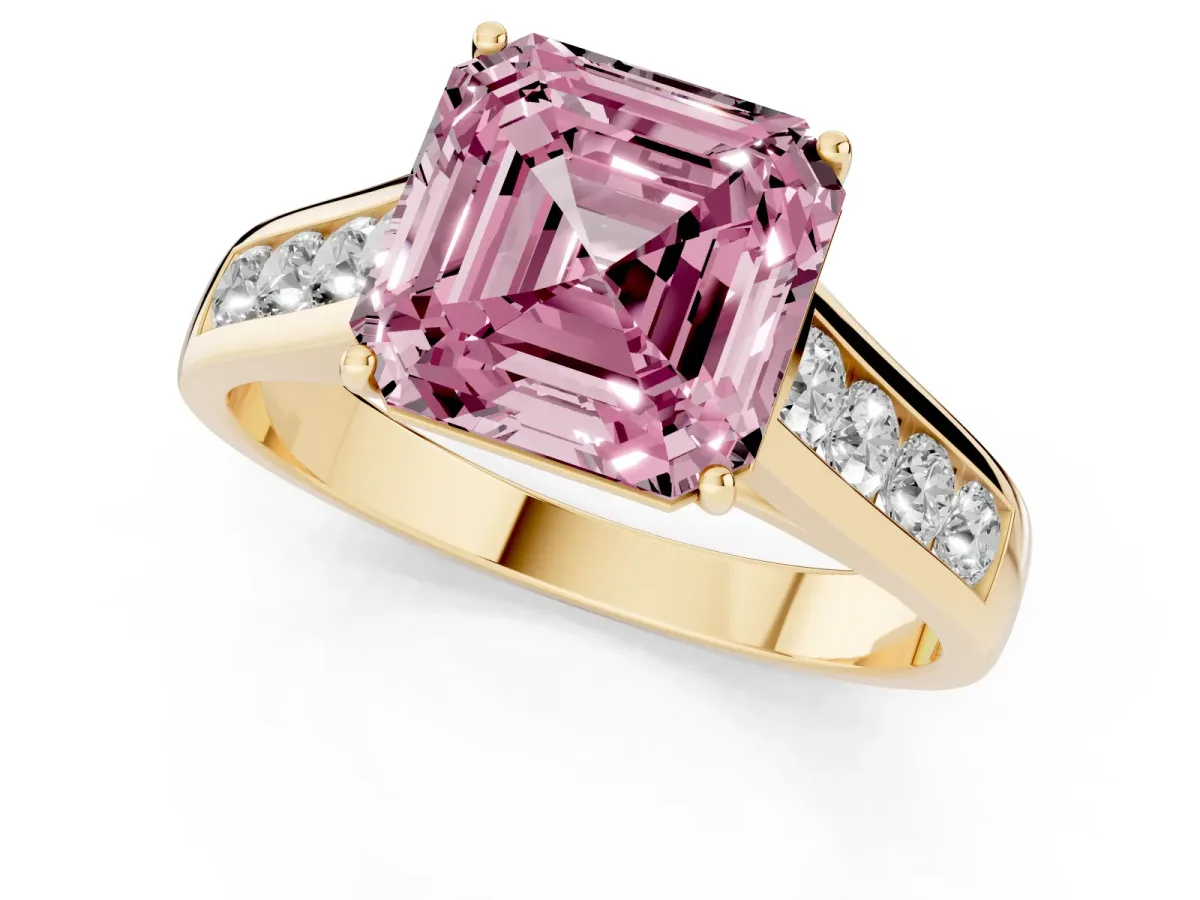 Fancy Pink Asscher Cut Brilliant Channel-Set Solitaire Ring with Four-Prong Setting Yellow gold