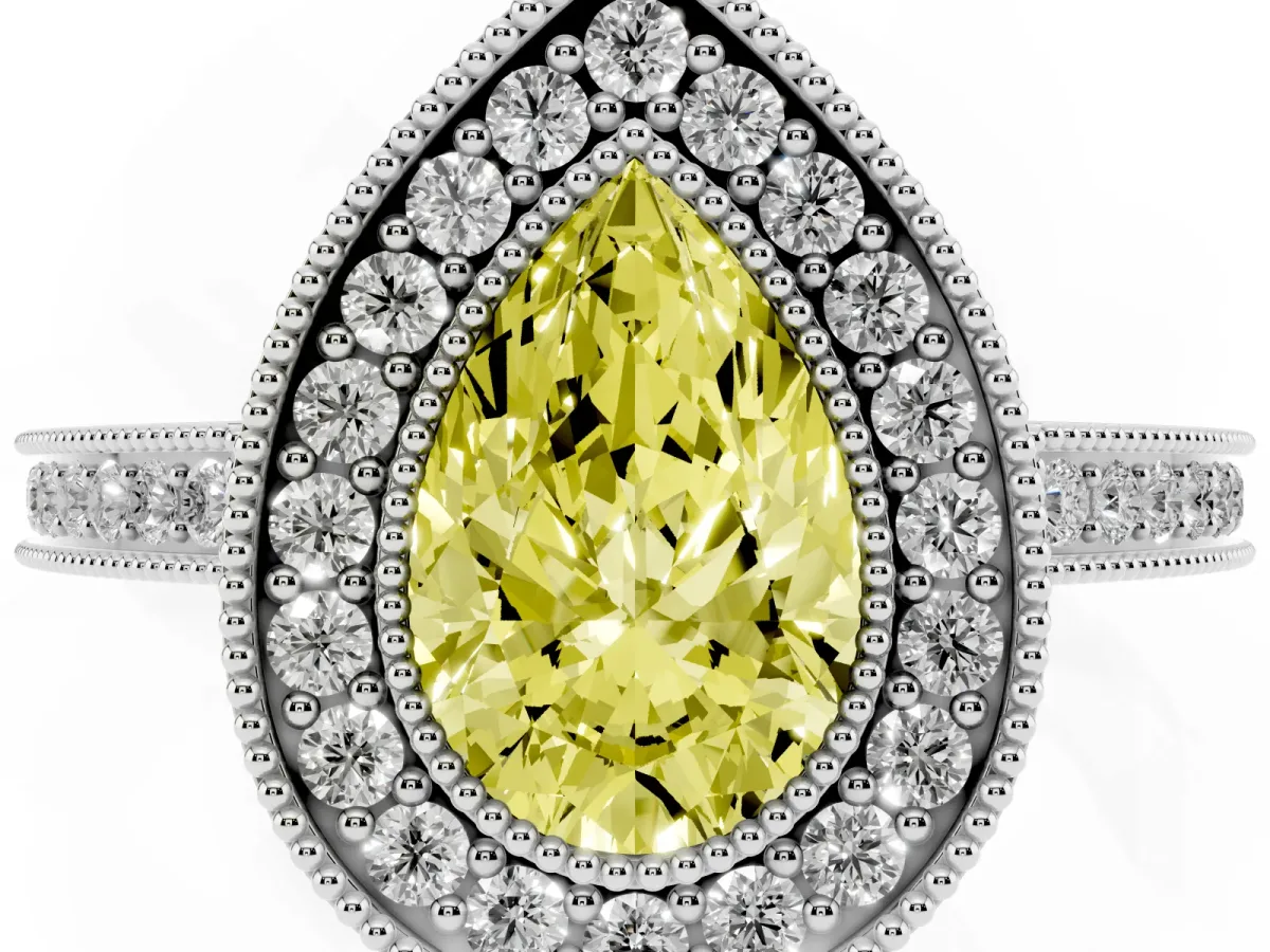 Fancy Yellow Pear Cut Cut Halo Diamond Ring with Pavé Band and Milgrain Prong Setting Silver