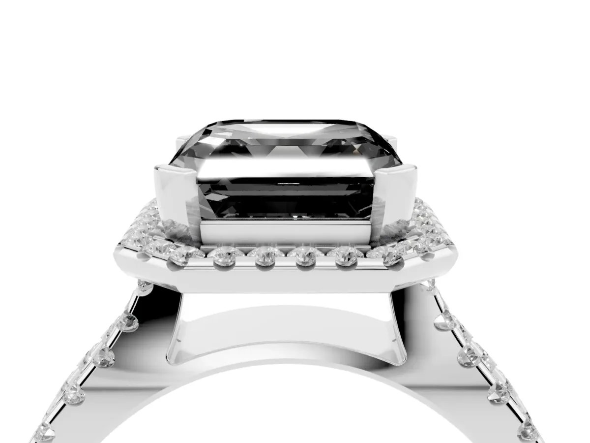 Fancy Black Asscher Cut Diamond Halo Ring with Split Shank Pavé Band and Prong Setting Silver