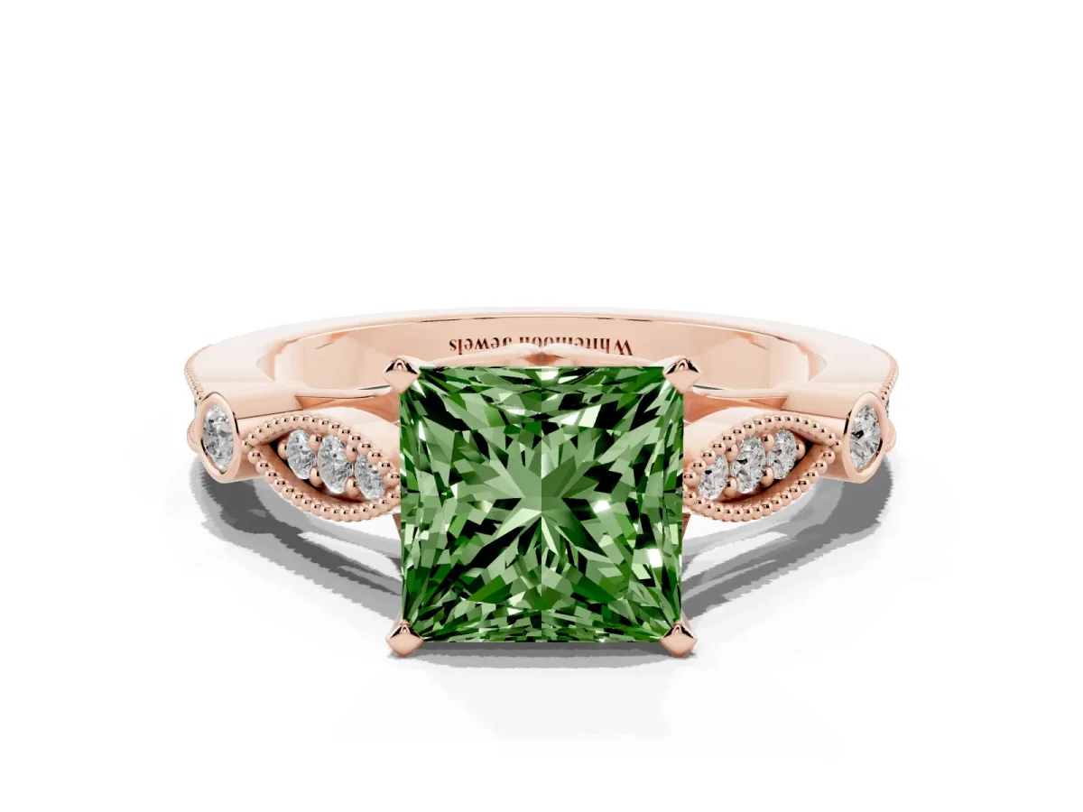 Fancy Green Princess Cut Cut Diamond with Milgrain Marquise and Bezel Accents on a Solitaire Band with Prong Setting Rose gold
