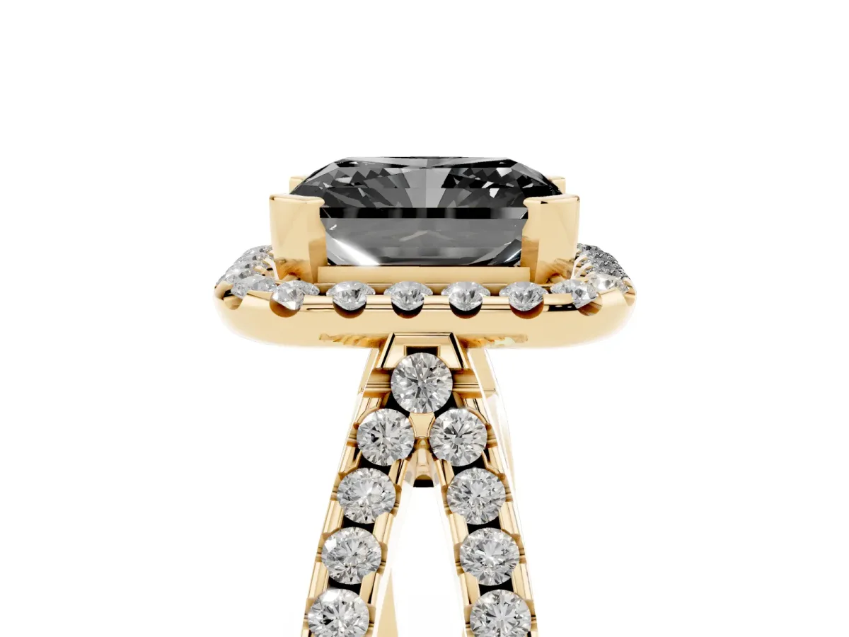 Fancy Black Radiant Cut Diamond Halo Ring with Split Shank Pavé Band and Prong Setting Yellow gold