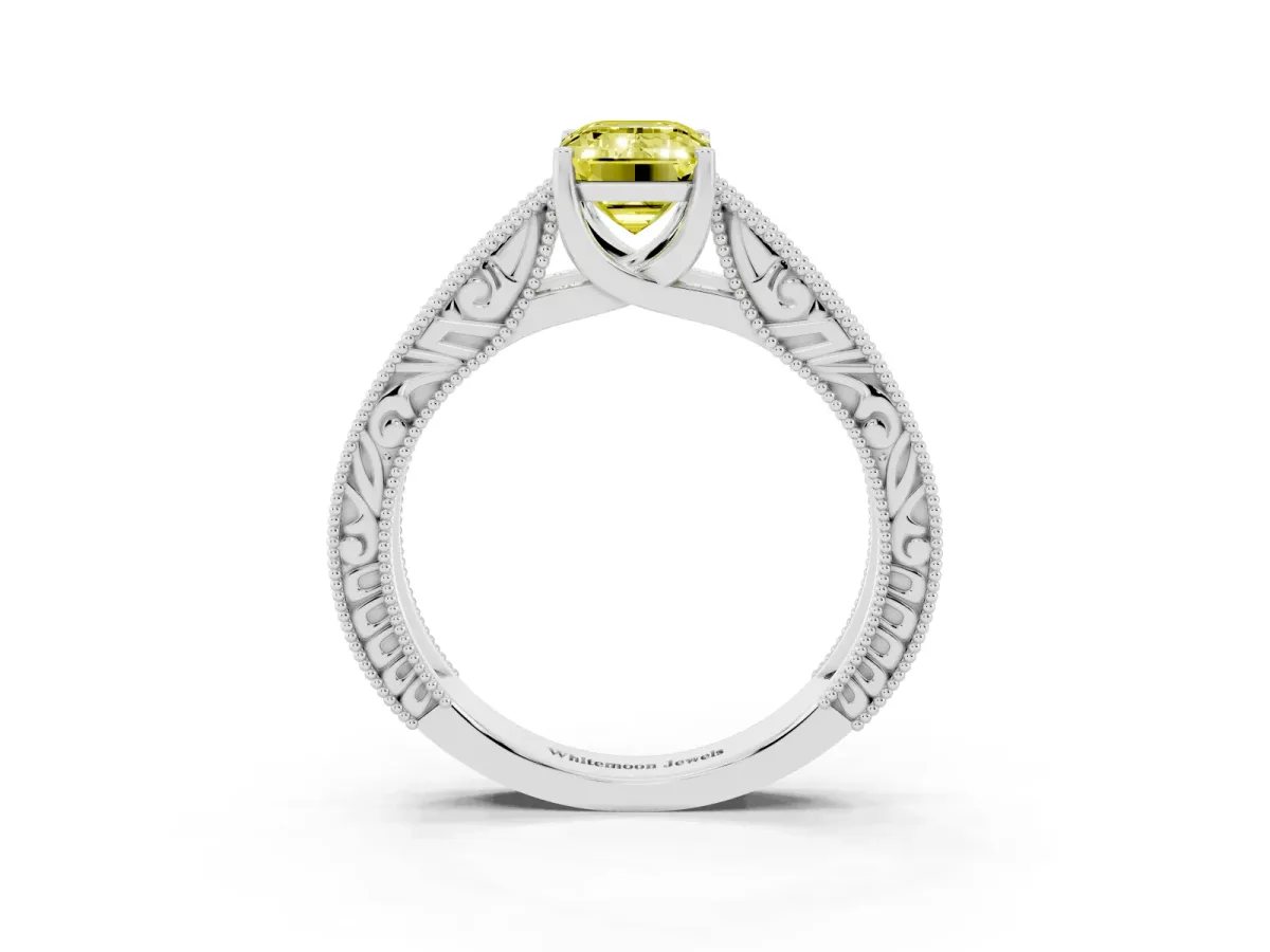 Fancy Yellow Emerald Cut Diamond Solitaire Ring with Engraved Band and Four-Prong Setting Silver