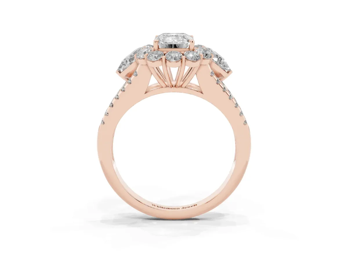 Emerald Cut Halo Split Shank Diamond Engagement Ring with Prong Setting Rose gold