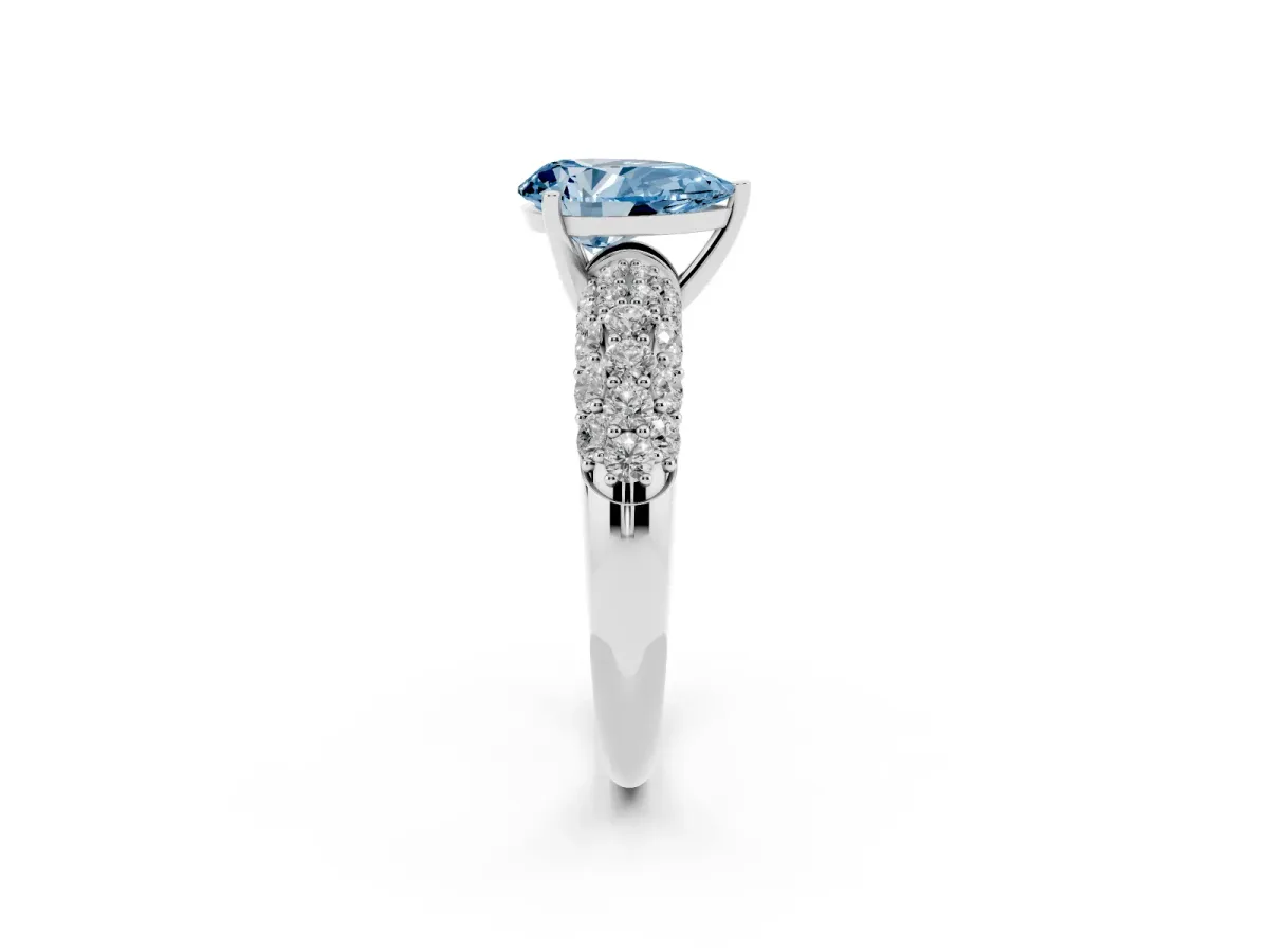 Fancy Blue Pear Cut Diamond Pavé Band Solitaire Ring with Four-Prong Setting Silver