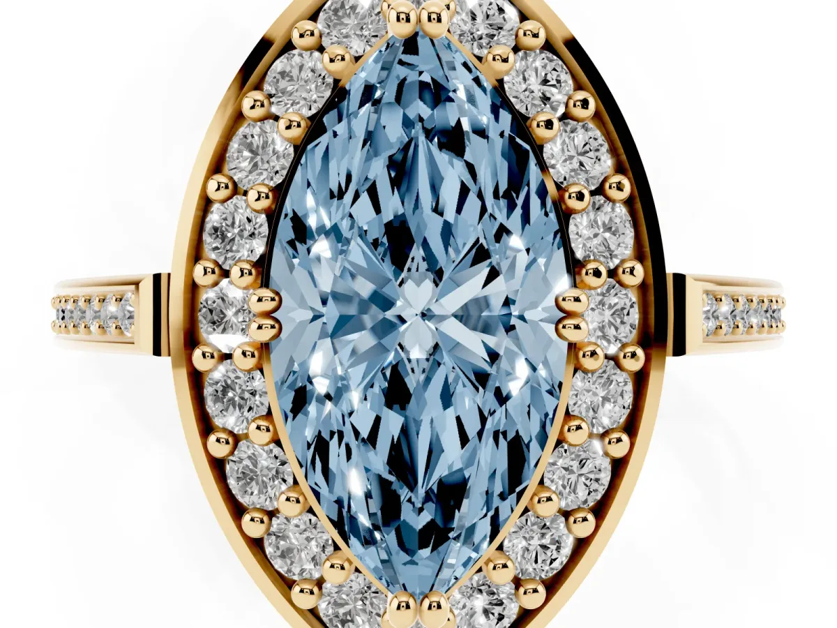 Fancy Blue Marquise Cut Diamond Halo Ring with Split Shank and Four-Prong Setting Yellow gold