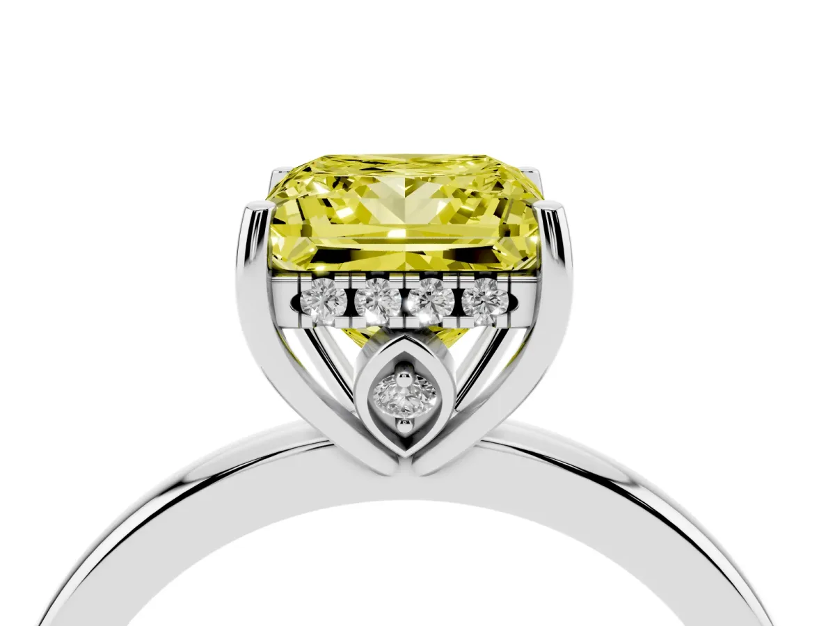 Fancy Yellow Princess Cut Solitaire Diamond Ring with Prong Setting and Plain Band Silver