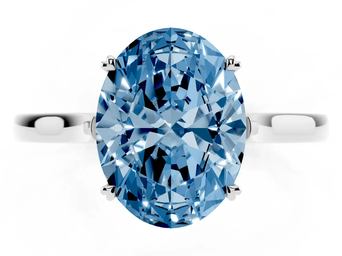Fancy Blue Oval Cut Solitaire Heart Prong Engagement Ring with Tapered Band White gold