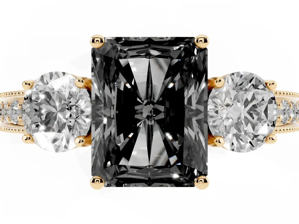 Fancy Black Radiant Cut Three-Stone Diamond Ring with Pavé Band and Four-Prong Setting Yellow gold