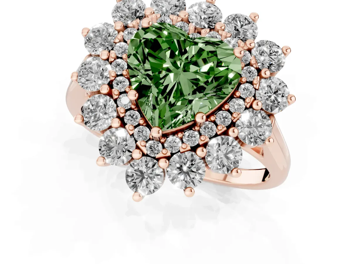 Fancy Green Heart Cut Diamond Floral Double Halo Engagement Ring with Prong Setting Rose gold