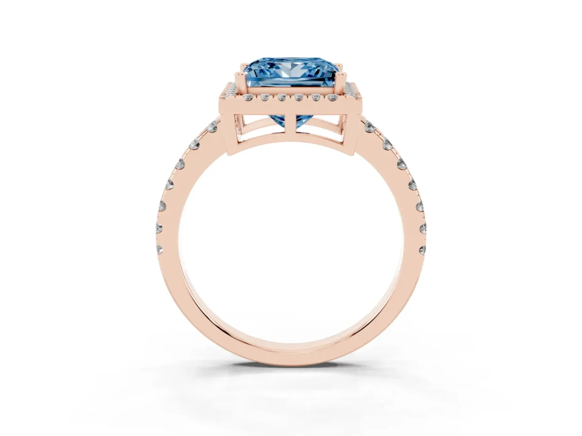 Fancy Blue Princess Cut Diamond Halo Ring with Pavé Band and Four-Prong Setting Rose gold