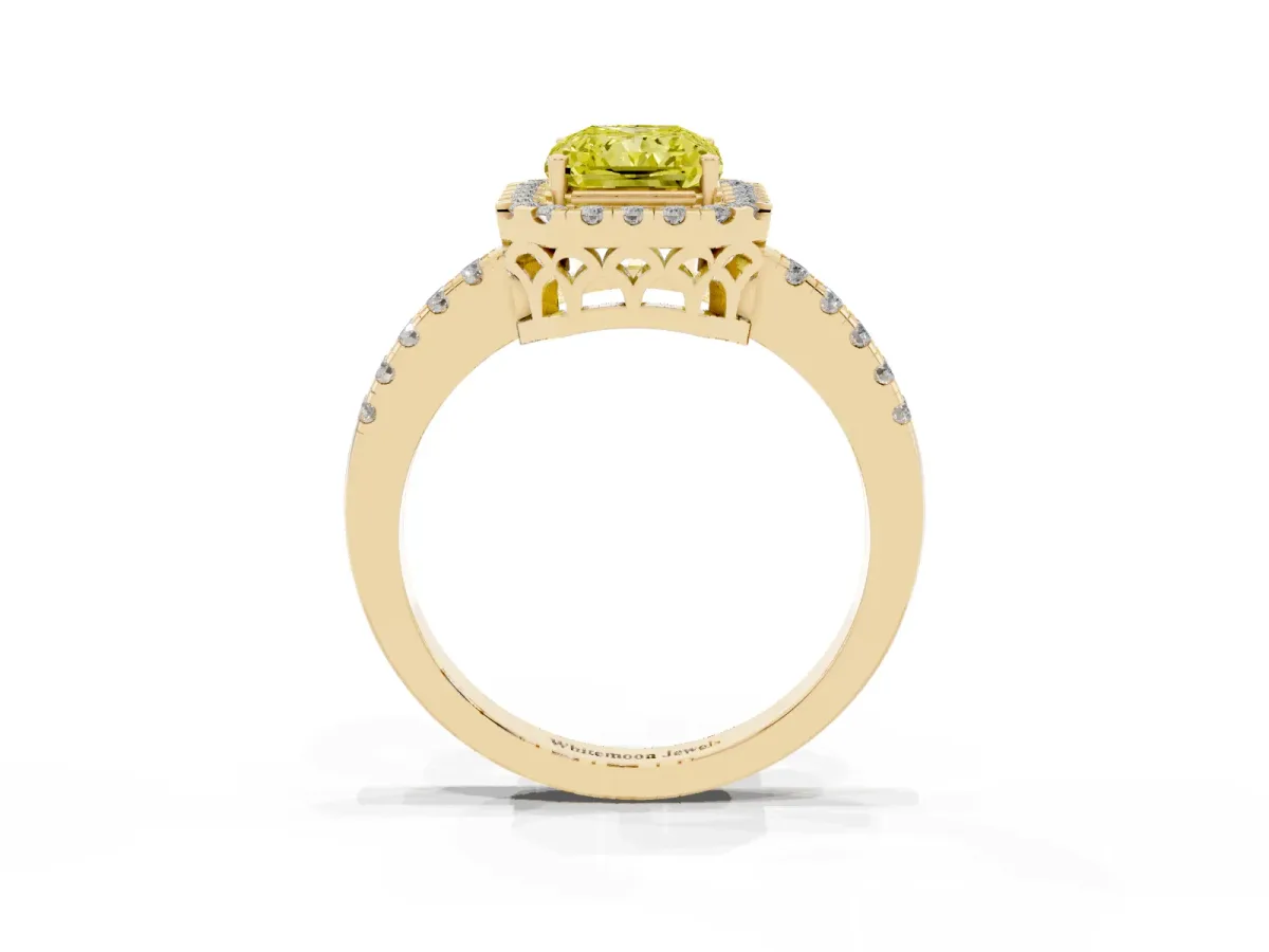 Fancy Yellow Radiant Cut Halo Diamond Engagement Ring with Pavé Band and Four-Prong Setting Yellow gold
