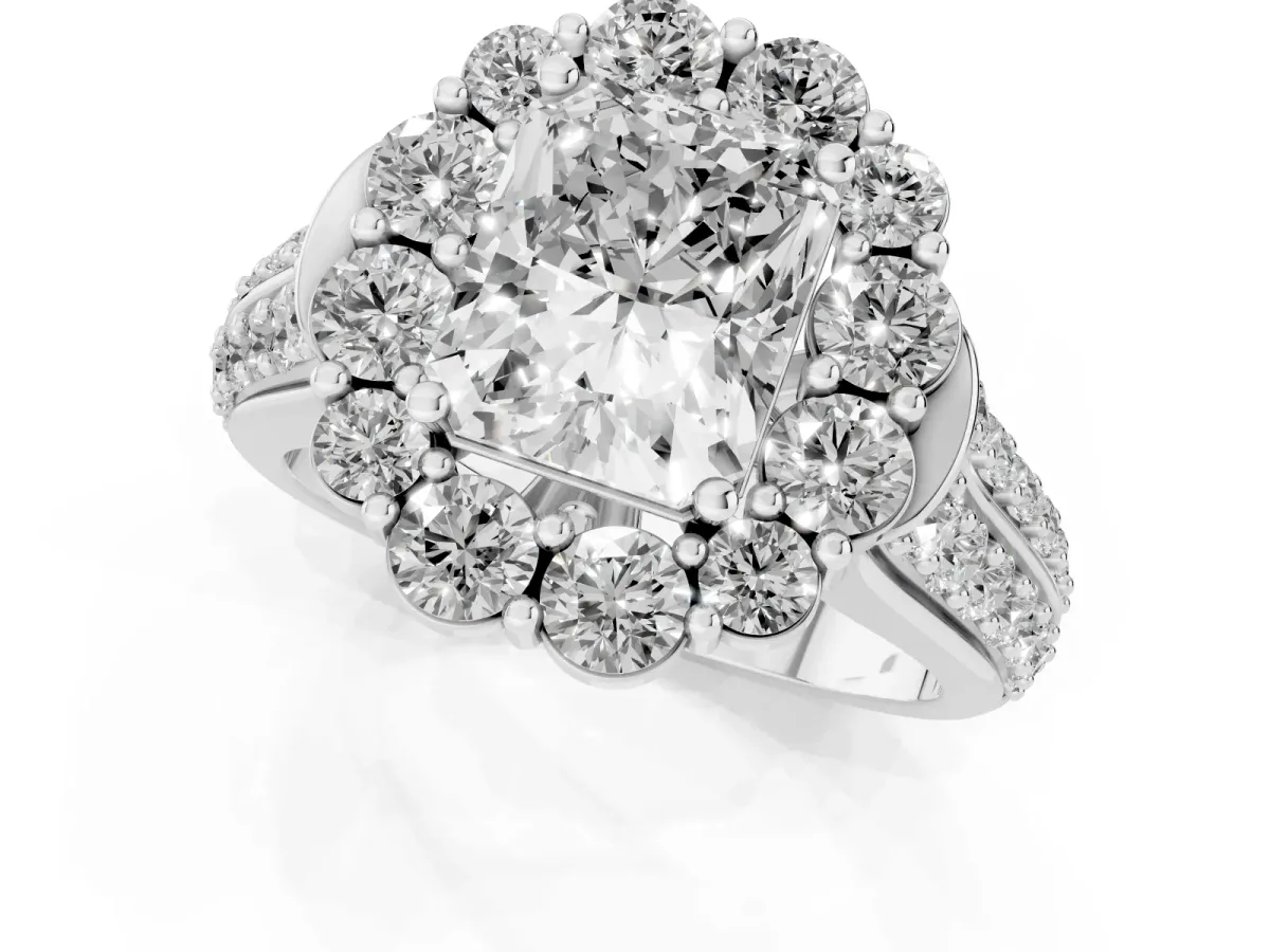 Radiant Cut Halo Diamond Engagement Ring with Split Shank and Prong Setting Silver