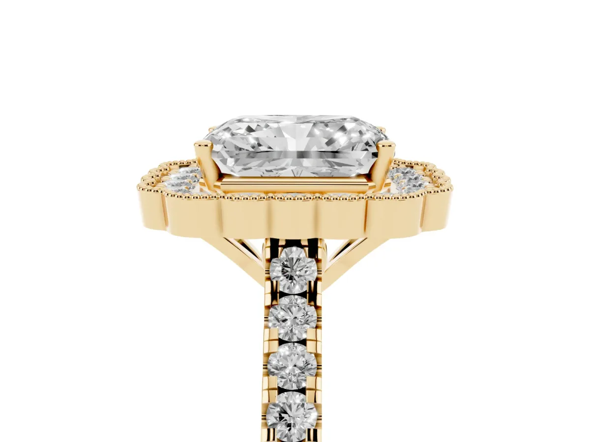 Radiant Cut Cut Diamond Milgrain Floral Halo Engagement Ring with Pavé Band Yellow gold