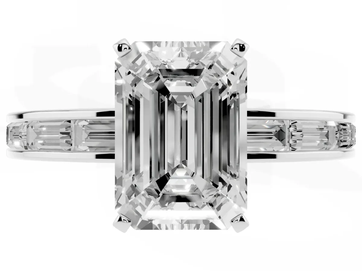 Emerald Cut Solitaire Diamond Ring with Channel-Set Baguette Band and Four-Prong Setting Silver