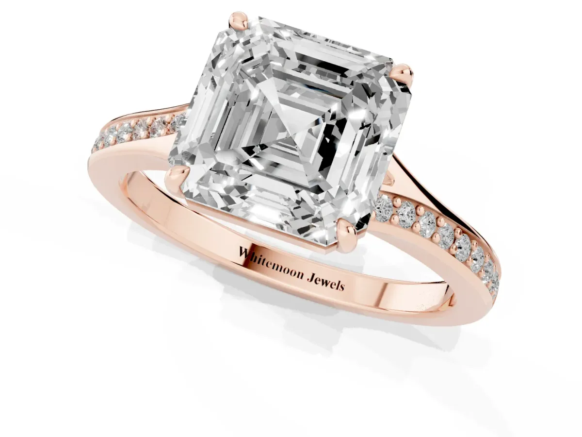 Asscher Cut Diamond Solitaire Ring with Pavé Band and Prong Setting Rose gold
