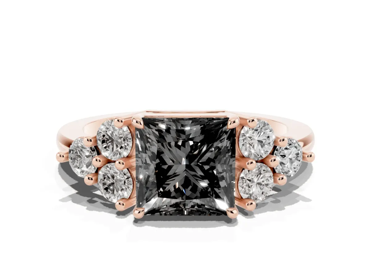 Fancy Black Princess Cut Brilliant Diamond Cluster Accent Solitaire Ring with Prong Setting Rose gold