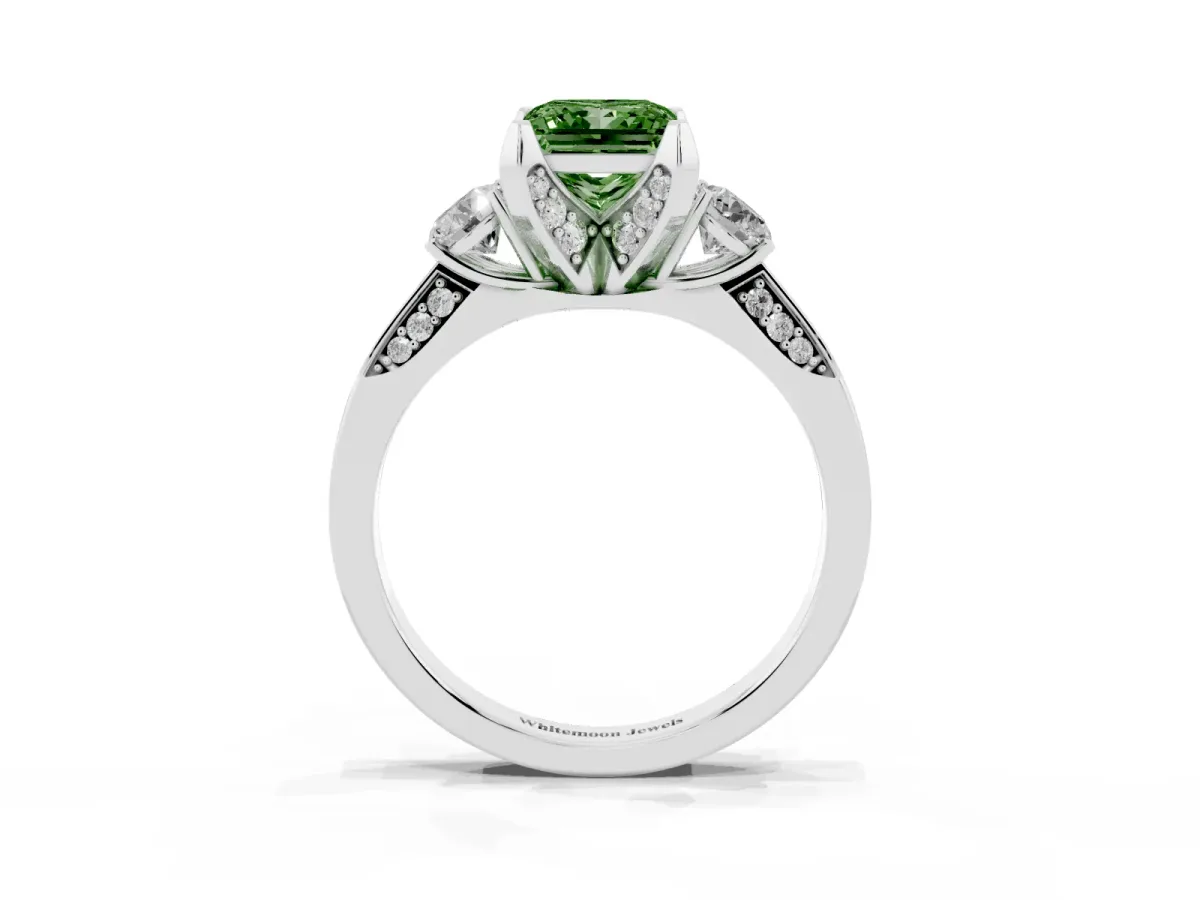 Fancy Green Princess Cut Brilliant Three-Stone Diamond Ring with Pavé Band and Four-Prong Setting Silver