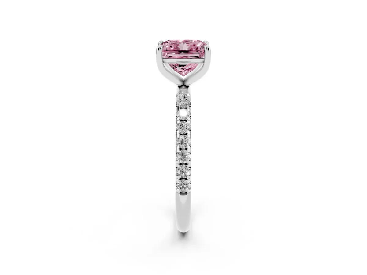 Fancy Pink Princess Cut Cut Diamond Solitaire Ring with Micro Pave Band and Four Prong Setting Silver