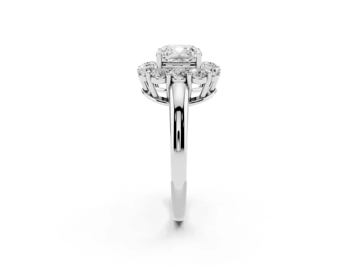 Cushion Cut Halo Cluster Diamond Engagement Ring with Prong Setting and Polished Band Platinum