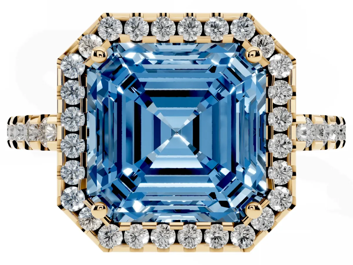 Fancy Blue Asscher Cut Diamond Halo Engagement Ring with Pavé Band and Prong Setting Yellow gold