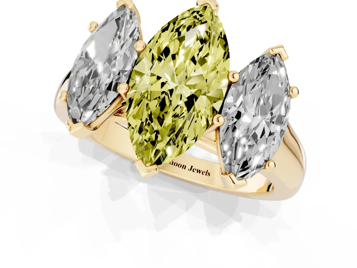 Fancy Yellow Marquise Cut Three-Stone Diamond Ring with Prong Setting on a Classic Band Yellow gold