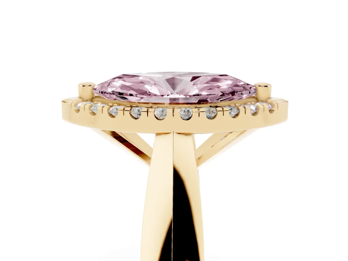 Fancy Pink Marquise Cut Cut Halo Solitaire Engagement Ring with Square Band and Four-Prong Setting Yellow gold