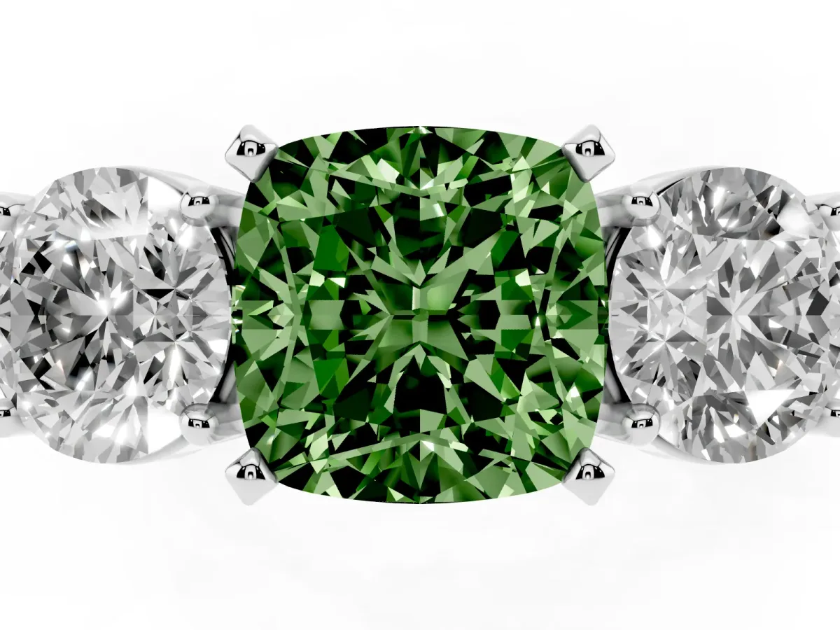 Fancy Green Three-Stone Cushion Cut Diamond Ring with Round Side Stones, Classic Band, and Four-Prong Setting Silver