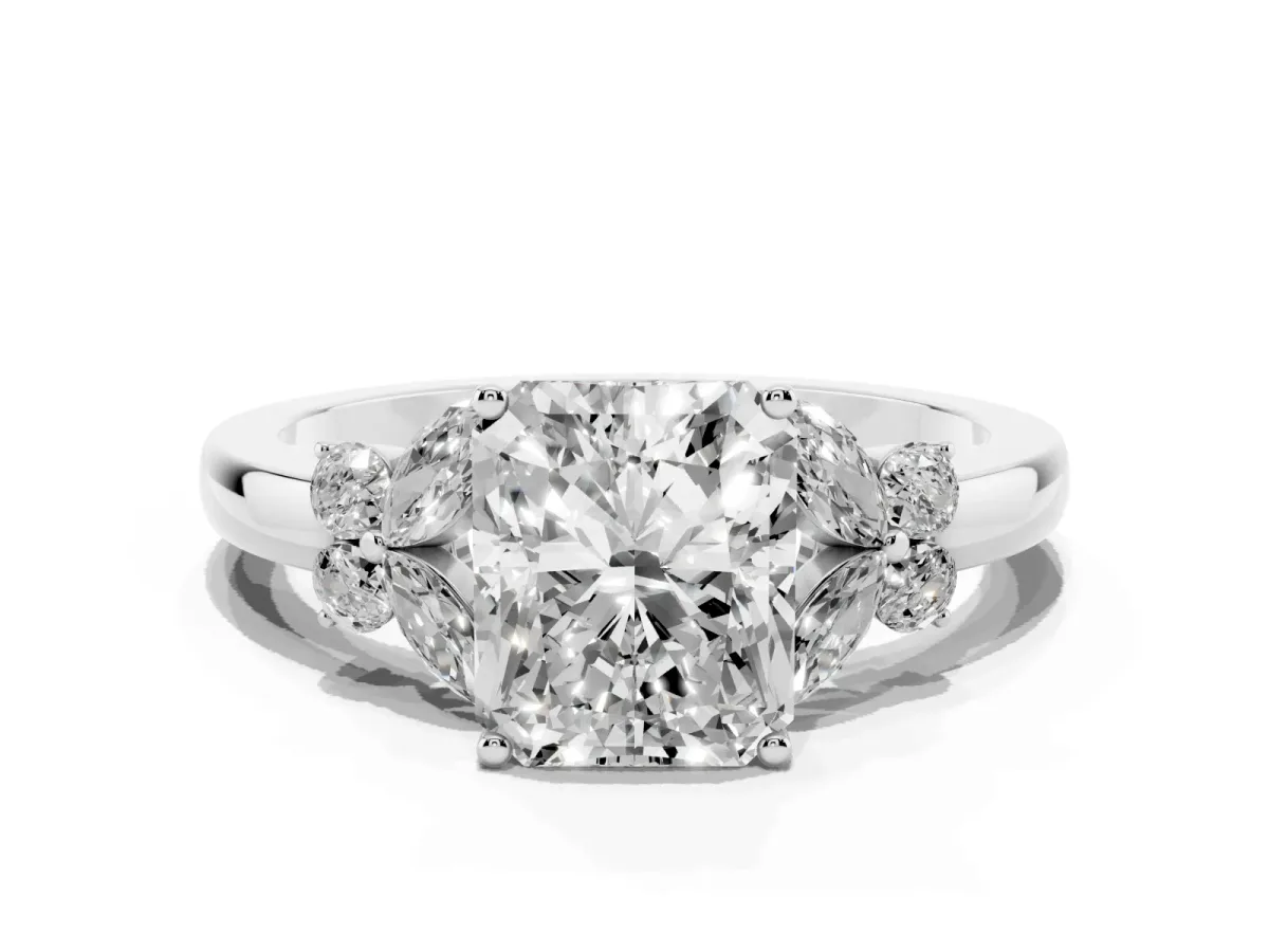 Radiant Cut Cut Solitaire Floral Diamond Ring with Four-Prong Setting Silver