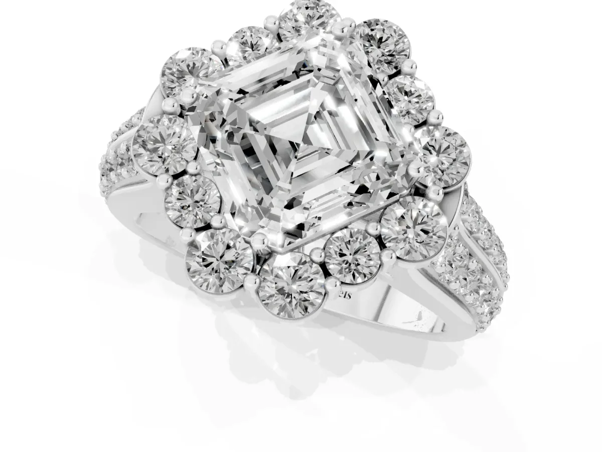 Asscher Cut Halo Diamond Engagement Ring with Split Shank and Prong Setting Silver