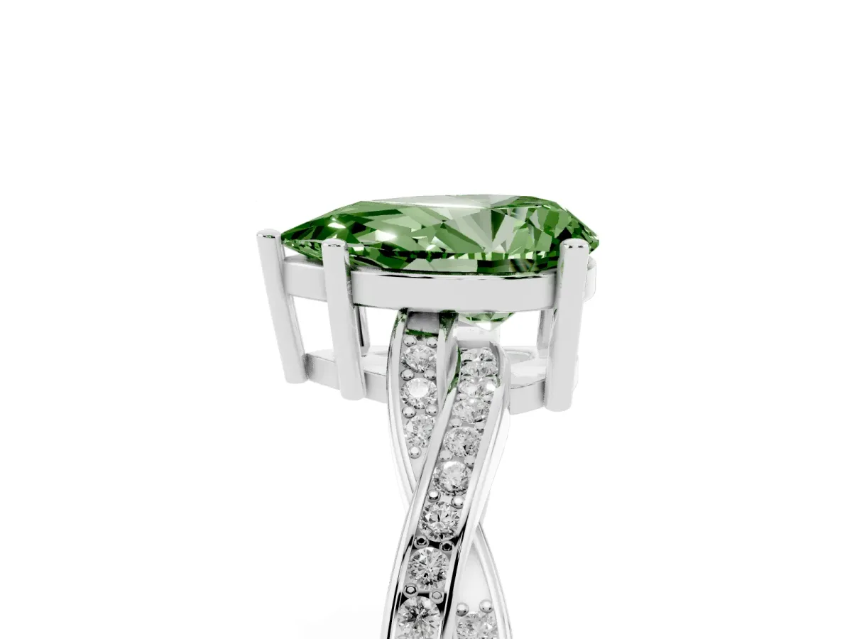 Fancy Green Pear Cut Solitaire Twisted Pave Diamond Ring with Four-Prong Setting Silver