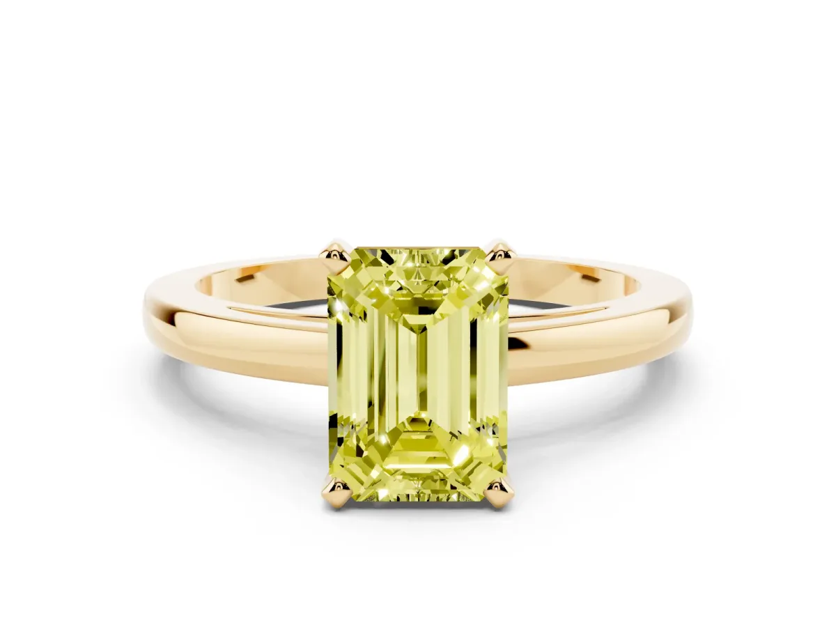 Fancy Yellow Emerald Cut Solitaire Diamond Engagement Ring with Four-Prong Setting on a Classic Band Yellow gold